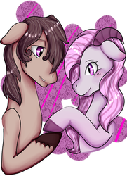 Size: 1800x2480 | Tagged: safe, artist:elainenuri, oc, oc only, oc:beryl (discoshy), oc:iron granite, earth pony, hybrid, pony, blushing, commission, couple, cute, floppy ears, holding hooves, interspecies offspring, iryl, male, next generation, offspring, parent:big macintosh, parent:discord, parent:fluttershy, parent:marble pie, parents:discoshy, parents:marblemac, shipping, straight