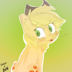 Size: 3000x3000 | Tagged: safe, artist:bow2yourwaifu, artist:dbleki, applejack, pony, both cutie marks, collaboration, cute, ear fluff, female, fluffy, gradient background, heart, looking at you, looking back, silly, silly pony, sitting, solo, tongue out, who's a silly pony
