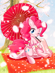 Size: 1200x1600 | Tagged: safe, artist:phoenixperegrine, pinkie pie, earth pony, pony, g4, cherry blossoms, clothes, cute, diapinkes, female, flower, flower blossom, flower petals, grass, kimono (clothing), looking at you, one eye closed, petals, sakura pie, sitting, smiling, solo, tree, umbrella, wink