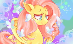Size: 1024x614 | Tagged: safe, artist:daycolors, fluttershy, butterfly, pony, g4, female, looking at something, solo, spread wings