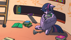 Size: 1920x1080 | Tagged: safe, artist:gammaespeon, spike, twilight sparkle, alicorn, dragon, pony, g4, baby, baby dragon, book, bookshelf, cute, dialogue, duster, eyes closed, female, floppy ears, four-limbed hug, golden oaks library, heartwarming, hug, hug from behind, indoors, ladder, male, mama twilight, mare, open book, shadow, signature, sitting, smiling, spikabetes, spikelove, textless, twilight sparkle (alicorn), wallpaper, wing cocoon, winghug, wings