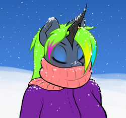 Size: 1280x1200 | Tagged: safe, artist:funkybacon, oc, oc only, oc:becky, anthro, anthro oc, bundled up, bundled up for winter, clothes, coat, ear piercing, eyes closed, female, piercing, scarf, simple background, snow, snowfall, solo, winter, winter outfit
