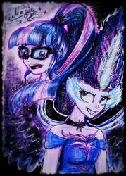 Size: 1175x1638 | Tagged: safe, artist:juliafluffy, sci-twi, twilight sparkle, equestria girls, g4, my little pony equestria girls: legend of everfree, clothes, duality, midnight sparkle, traditional art