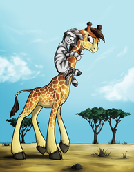 Size: 932x1200 | Tagged: safe, artist:28gooddays, oc, oc only, giraffe, original species, zebra, acacia tree, cloud, cloven hooves, duo, high, hug, looking back, looking down, raised hoof, raised leg, savanna, scared, smiling, tree