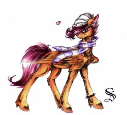 Size: 1024x932 | Tagged: safe, artist:scootiegp, scootaloo, pony, g4, beanie, clothes, female, hat, heart, scarf, simple background, solo, traditional art, white background