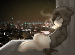 Size: 2700x2000 | Tagged: safe, artist:tokyone-chan, oc, oc only, pony, black eye, city, cityscape, clothes, floppy ears, high res, hoodie, smoking, solo, thinking