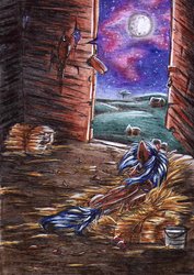 Size: 1024x1448 | Tagged: safe, artist:scootiegp, oc, oc only, pony, hay, moon, sleeping, solo, traditional art