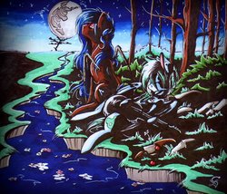 Size: 1024x877 | Tagged: safe, artist:scootiegp, oc, oc only, forest, guitar, moon, night, river, sleeping, traditional art