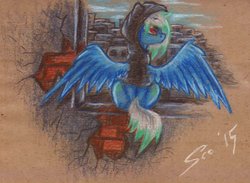 Size: 1024x751 | Tagged: safe, artist:scootiegp, oc, oc only, pony, city, sitting, solo, traditional art