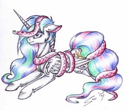 Size: 1024x897 | Tagged: safe, artist:scootiegp, princess celestia, pony, snake, g4, coils, floppy ears, heart, intertwined tails, prone, simple background, snek, tongue out, traditional art, unamused, white background