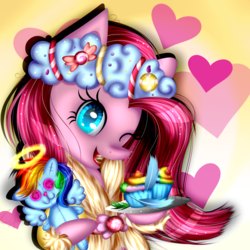 Size: 1861x1861 | Tagged: safe, artist:lixthefork, pinkie pie, rainbow dash, pony, fanfic:cupcakes, g4, cupcake, doll, feather, food, implied murder, pinkamena diane pie, rainbow cupcake, toy