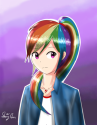 Size: 1400x1800 | Tagged: safe, artist:linlaifeng, rainbow dash, human, g4, alternate hairstyle, bust, clothes, cute, cutie mark necklace, female, gradient background, humanized, jacket, jewelry, necklace, ponytail, purple background, signature, simple background, solo