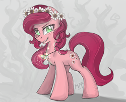 Size: 1228x999 | Tagged: dead source, safe, artist:lavatera-disraeli, gloriosa daisy, earth pony, pony, equestria girls, g4, equestria girls ponified, female, floral head wreath, flower, grin, magical geodes, mare, ponified, smiling, solo