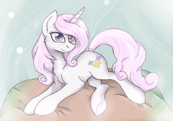 Size: 1443x1011 | Tagged: safe, artist:lavatera-disraeli, fleur-de-lis, pony, unicorn, g4, chest fluff, female, pillow, prone, solo