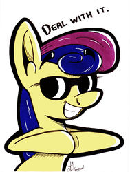Size: 3530x4673 | Tagged: safe, artist:mrpenceaul, bon bon, sweetie drops, earth pony, pony, g4, absurd resolution, deal with it, dialogue, female, grin, simple background, smiling, solo, sunglasses, white background