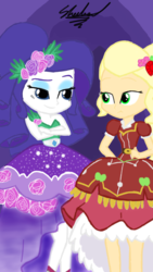 Size: 720x1280 | Tagged: safe, applejack, rarity, equestria girls, g4, clothes, crystal gala, drawing, dress, female, lesbian, ship:rarijack, shipping