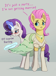 Size: 600x810 | Tagged: safe, artist:rodrigues404, fluttershy, rarity, pony, unicorn, g4, alternate hairstyle, clothes, dialogue, dress, duo, female, glasses, glowing horn, horn, implied flarity, implied lesbian, implied shipping, jewelry, magic, mare, necklace, simple background, socks, stockings, thigh highs
