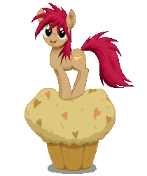 Size: 420x500 | Tagged: safe, artist:lilapudelpony, oc, oc only, oc:princess pancake, earth pony, pony, animated, blinking, bouncing, cute, food, gif, heart, l.o.v.e.m.u.f.f.i.n., looking at you, muffin, open mouth, pixel art, simple background, smiling, solo, transparent background