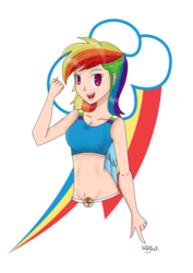 Size: 900x1273 | Tagged: dead source, safe, artist:mdeltar, rainbow dash, human, g4, belly button, clothes, cutie mark background, female, humanized, midriff, open mouth, smiling, solo, tank top, winged humanization