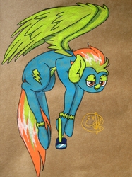 Size: 1819x2426 | Tagged: safe, artist:fluffyjacky, spitfire, pony, g4, clothes, female, flying, goggles, solo, traditional art, wonderbolts uniform
