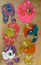 Size: 1623x2534 | Tagged: safe, artist:fluffyjacky, applejack, fluttershy, pinkie pie, rainbow dash, rarity, twilight sparkle, g4, bust, eyes closed, mane six, portrait, smiling, stars, traditional art