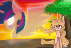 Size: 1024x683 | Tagged: safe, artist:feathershine1, taralicious, twilight sparkle, oc, alicorn, pony, g4, glowing eyes, ponified, raised hoof, sunset, tara strong, tree, twilight sparkle (alicorn)