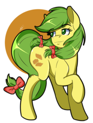 Size: 478x632 | Tagged: dead source, safe, artist:shelltoon, apple fritter, earth pony, pony, g4, apple family member, background pony, bow, female, hair bow, raised hoof, solo, tail bow