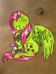 Size: 1944x2592 | Tagged: safe, artist:fluffyjacky, fluttershy, rabbit, g4, female, looking down, sitting, solo, spread wings, traditional art