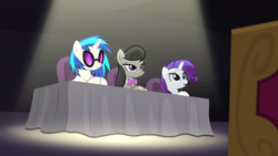 Size: 1280x720 | Tagged: safe, screencap, dj pon-3, octavia melody, rarity, vinyl scratch, earth pony, pony, unicorn, bloom & gloom, g4, my little pony: friendship is magic, judges table