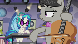 Size: 1280x720 | Tagged: safe, screencap, dj pon-3, octavia melody, vinyl scratch, earth pony, pony, unicorn, g4, slice of life (episode), bow (instrument), bowtie, cello, cello bow, electric piano, headphones, musical instrument, turntable