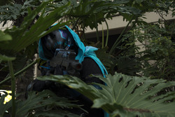 Size: 6000x4000 | Tagged: safe, queen chrysalis, human, g4, absurd resolution, barely pony related, clothes, cosplay, costume, crossover, destiny (video game), gun, hunter chrysalis, irl, irl human, pacific ponycon, pacific ponycon 2017, photo, rifle, task force chaos, weapon