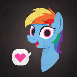 Size: 2637x2637 | Tagged: safe, artist:selenophile, rainbow dash, pony, g4, bust, cute, female, heart, high res, logo, looking at you, mare, open mouth, pictogram, portrait, shirt design, short hair, smiling, solo, speech bubble