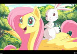 Size: 1210x852 | Tagged: safe, artist:jowyb, angel bunny, fluttershy, pegasus, pony, rabbit, g4, cloud, crossed arms, cute, female, grass, idea, letterboxing, mare, open mouth, scenery, shyabetes, signature, sky, smiling, spread wings, tree