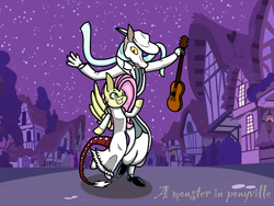 Size: 1024x768 | Tagged: safe, artist:battie-overtale, discord, fluttershy, g4, a monster in paris, clothes, dress, duo, guitar, hat, looking at each other, mask, parody, scarf, smiling, suit, white dress