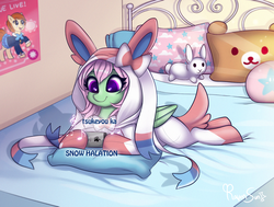 Size: 1927x1457 | Tagged: safe, artist:confetticakez, oc, oc only, oc:spectral wind, pegasus, pony, sylveon, bed, clothes, costume, female, mare, pokémon, solo, video game