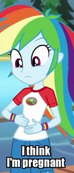 Size: 237x548 | Tagged: safe, edit, edited screencap, screencap, rainbow dash, equestria girls, g4, my little pony equestria girls: legend of everfree, cropped, female, image macro, implied pregnancy, meme, solo