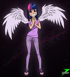 Size: 2271x2500 | Tagged: safe, artist:joizer, twilight sparkle, human, g4, blushing, female, grin, high res, humanized, looking at you, smiling, solo, spread wings, stars, twilight sparkle (alicorn), winged humanization, wings