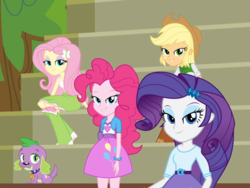 Size: 1200x900 | Tagged: safe, edit, edited screencap, screencap, applejack, fluttershy, pinkie pie, rarity, spike, dog, equestria girls, g4, bedroom eyes, bleachers, boots, bracelet, clothes, high heel boots, jewelry, looking at you, skirt, socks, spike the dog, tree