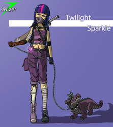 Size: 2216x2500 | Tagged: dead source, safe, artist:joizer, spike, twilight sparkle, dragon, human, g4, belly button, chains, collar, female, high res, humanized, midriff, post-apocalyptic, solo, spiked collar, weapon