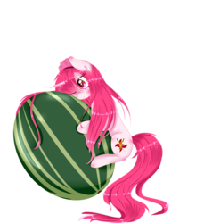 Size: 2141x2250 | Tagged: dead source, safe, artist:php146, oc, oc only, pony, unicorn, eye clipping through hair, female, food, headdress, high res, hug, long mane, long tail, mare, one eye closed, simple background, solo, transparent background, watermelon, wink