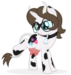 Size: 6667x7000 | Tagged: safe, artist:besttubahorse, oc, oc only, oc:pyrisa miracles, cow, cow pony, absurd resolution, bell, bell collar, collar, cowbell, cowified, cutie mark, glasses, raised leg, simple background, smiling, solo, species swap, transformation, transparent background, udder, vector