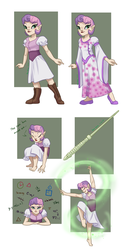 Size: 1024x2023 | Tagged: safe, artist:joan-grace, sweetie belle, human, g4, barefoot, clothes, elf ears, feet, female, humanized, magic, magic wand, solo, unicorns as elves