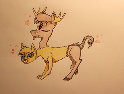 Size: 4160x3168 | Tagged: safe, artist:bumskuchen, oc, oc only, chimera, cougar (animal), moose, snake, high res, multiple heads, request, solo, three heads, traditional art