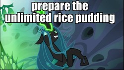 Size: 1024x576 | Tagged: safe, edit, edited screencap, screencap, queen chrysalis, changeling, changeling queen, g4, to where and back again, doctor who, evil smile, female, glowing eyes, grin, image macro, meme, remembrance of the daleks, rice pudding, smiling, solo