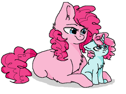 Size: 606x453 | Tagged: safe, artist:moonabelle, pinkie pie, oc, pony, g4, chest fluff, duo, female, filly, mama pinkie, missing cutie mark, offspring, parent:party favor, parent:pinkie pie, parents:partypie, simple background, white background