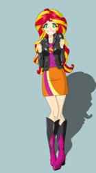 Size: 1426x2544 | Tagged: safe, artist:icesticker, sunset shimmer, human, equestria girls, g4, blue background, boots, clothes, colored pupils, cute, female, happy, high heel boots, high heels, human coloration, humanized, jacket, leather jacket, looking at you, shadow, shimmerbetes, simple background, skirt, smiling, solo, standing