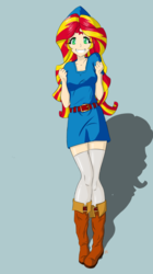 Size: 1426x2544 | Tagged: safe, artist:icesticker, sunset shimmer, equestria girls, g4, blue background, boots, clothes, colored pupils, cosplay, costume, crossover, cute, dress, female, fist, happy, hat, high heel boots, human coloration, link, looking at you, nintendo, shadow, simple background, skirt, smiling, socks, solo, standing, the legend of zelda, thigh highs, tunic, zettai ryouiki