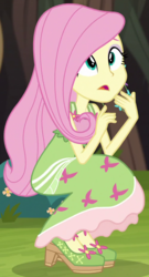 Size: 500x928 | Tagged: safe, screencap, fluttershy, equestria girls, g4, my little pony equestria girls: legend of everfree, bare shoulders, boho, camp fashion show outfit, clothes, cropped, dress, eyeshadow, female, looking up, makeup, nervous, open mouth, outfit catalog, sleeveless, solo