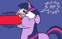 Size: 640x400 | Tagged: safe, twilight sparkle, g4, blue background, disembodied hoof, hoof in mouth, hooves, offscreen character, paper, pixel art, simple background
