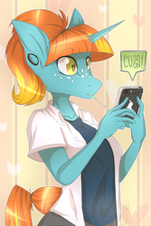 Size: 853x1280 | Tagged: safe, artist:lonerdemiurge_nail, oc, oc only, oc:swift note, unicorn, anthro, clothes, cute, female, freckles, phone, solo, texting